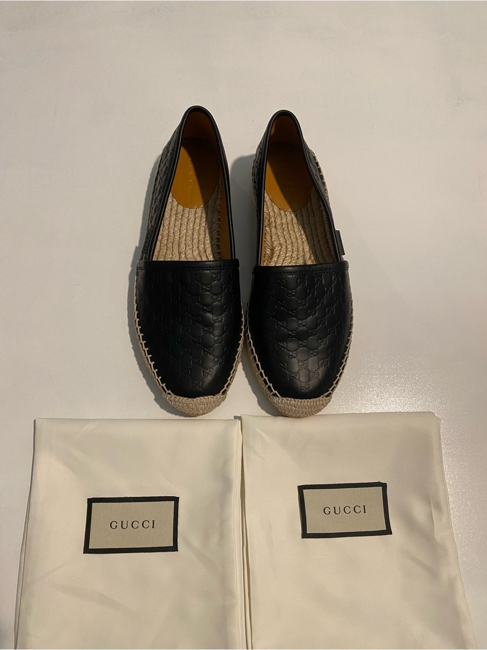Size 36 Gucci Black Embossed Leather Espadrille Slip-Ons